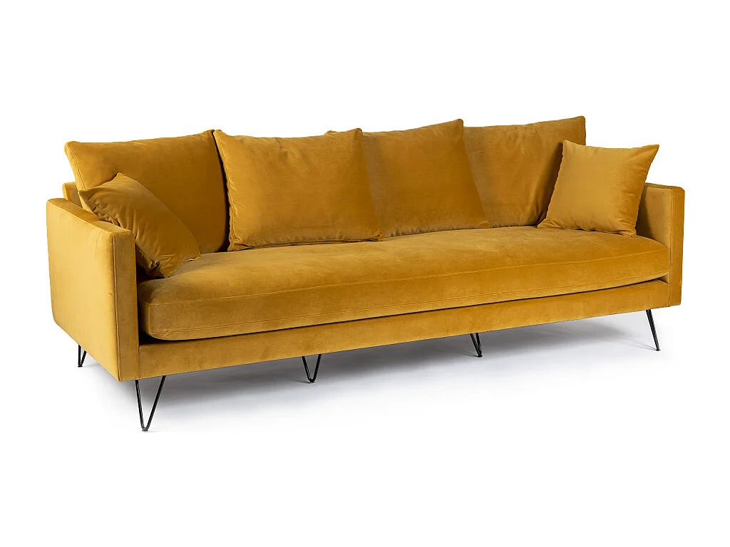Villabon - Canapé 4 places en velours pieds épingles noirs - Jaune moutarde