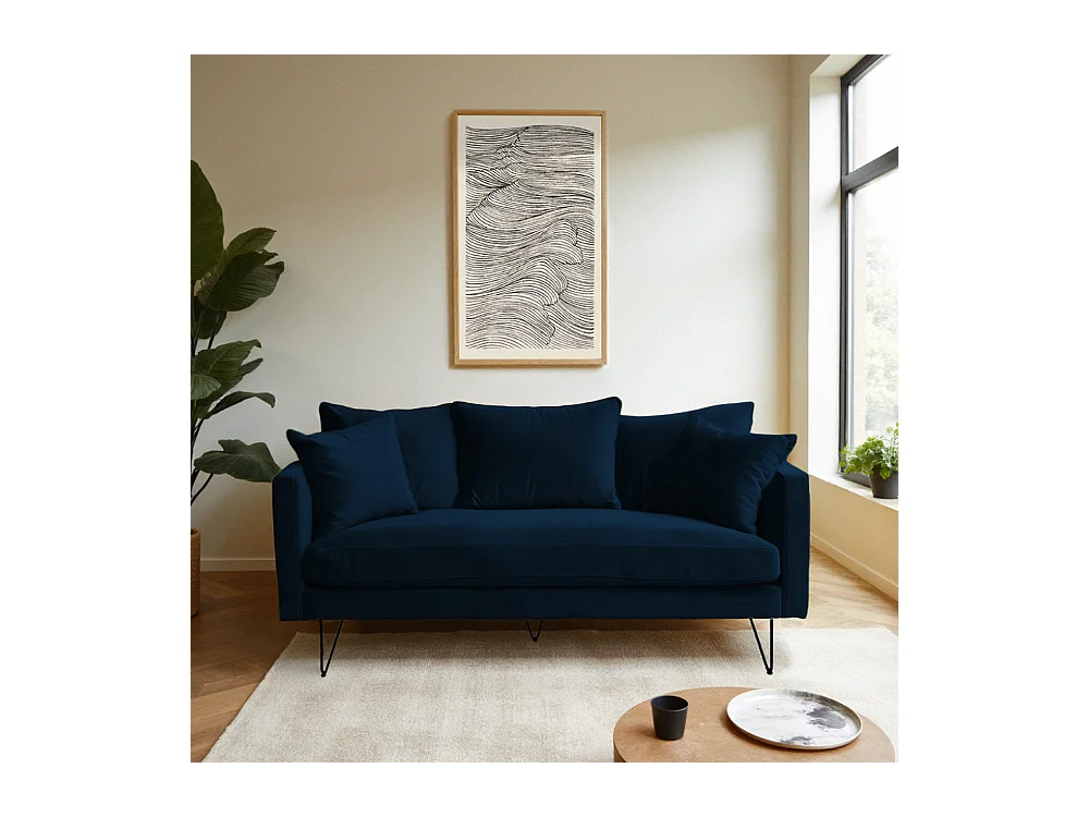 Villabon - Canapé 3 places en velours pieds épingles noirs - Bleu marine