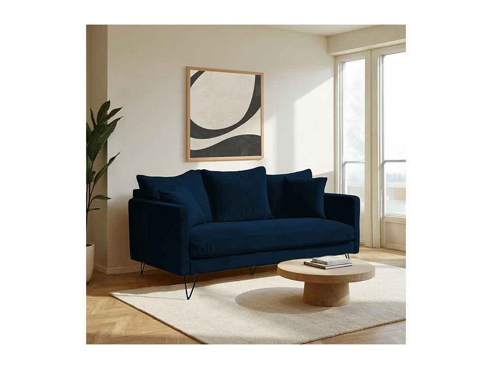 Villabon - Canapé 3 places en velours pieds épingles noirs - Bleu marine