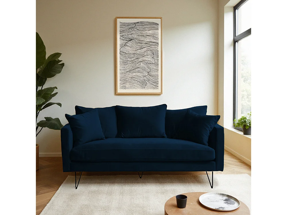 Villabon - Canapé 3 places en velours pieds épingles noirs - Bleu marine