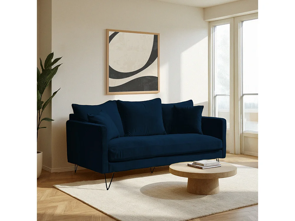 Villabon - Canapé 3 places en velours pieds épingles noirs - Bleu marine