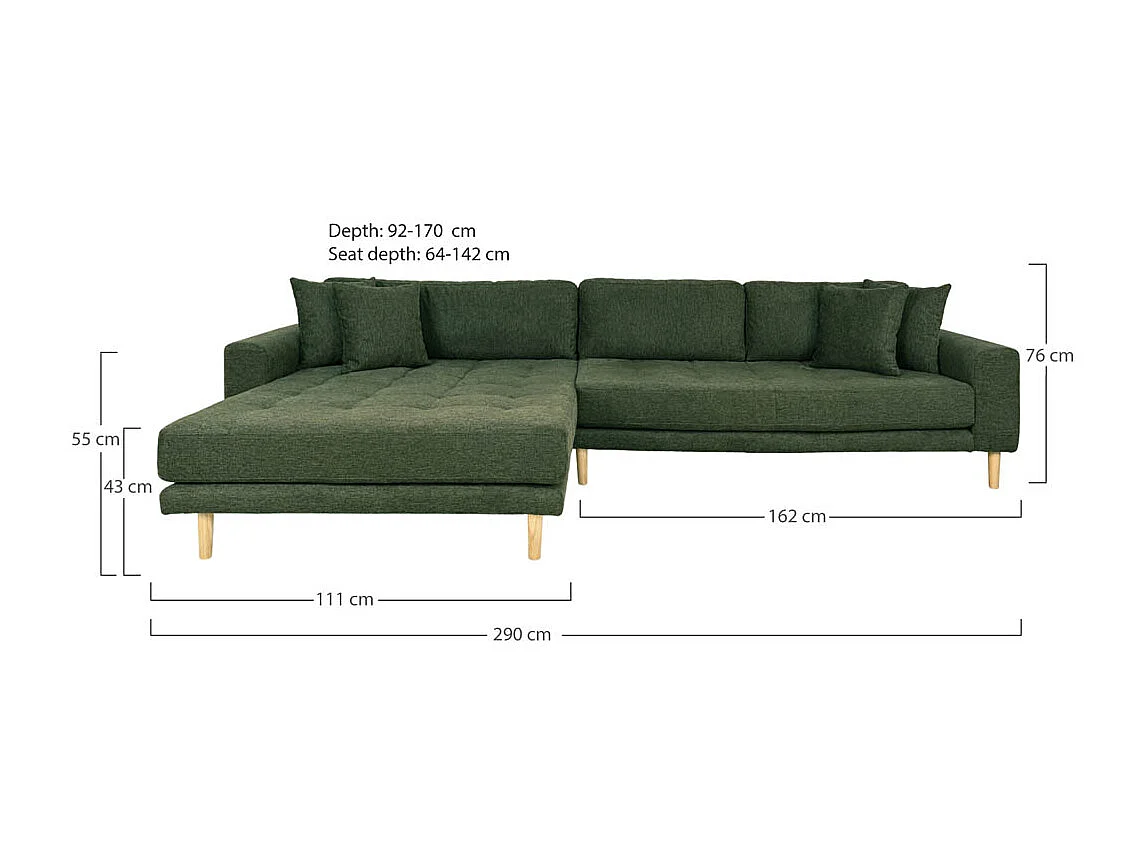 Lido canapé canapé chaise longue tourné vers la gauche 4 coussins vert.