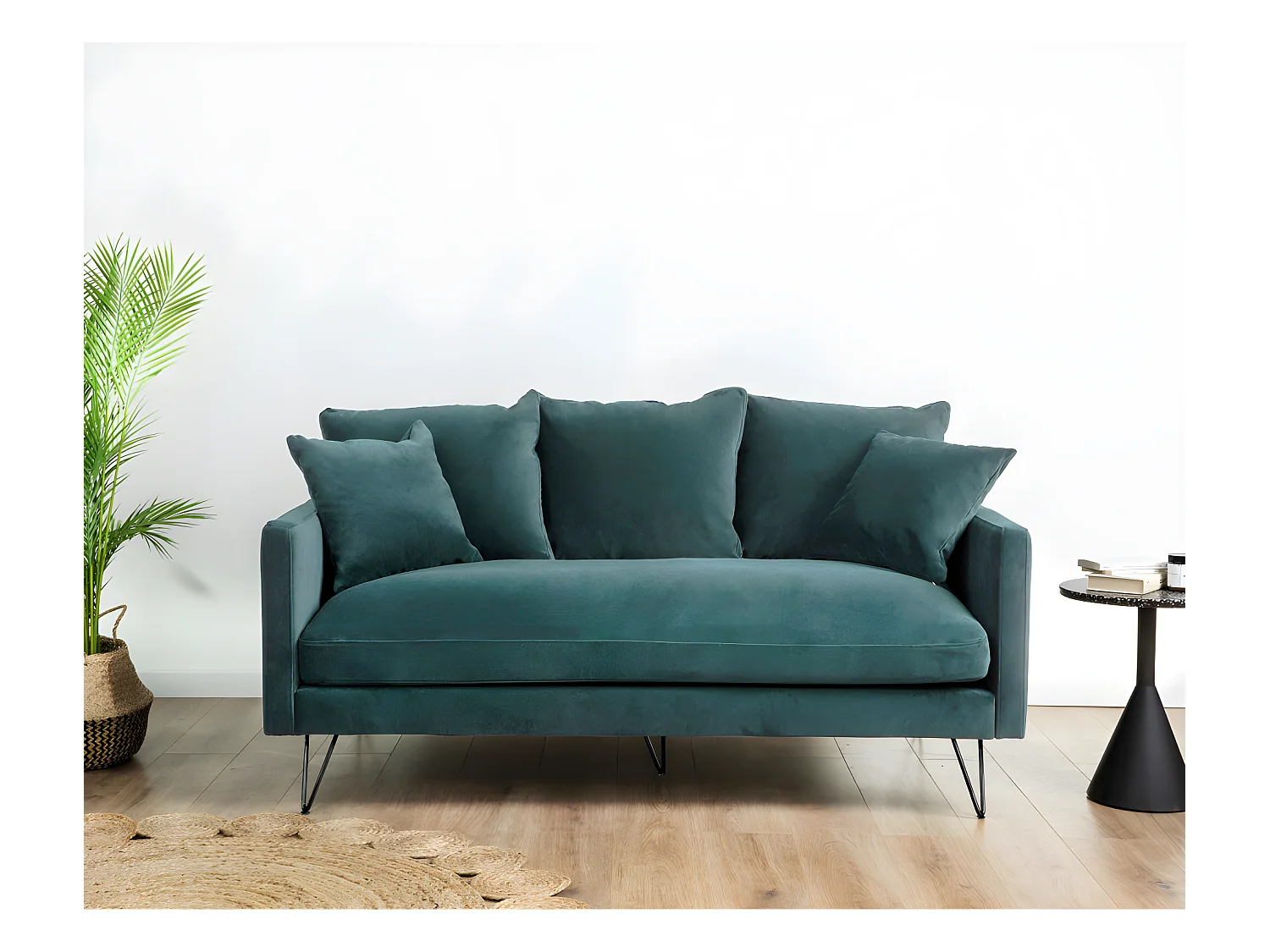 Villabon - Canapé 3 places en velours pieds épingles noirs - vert eucalyptus