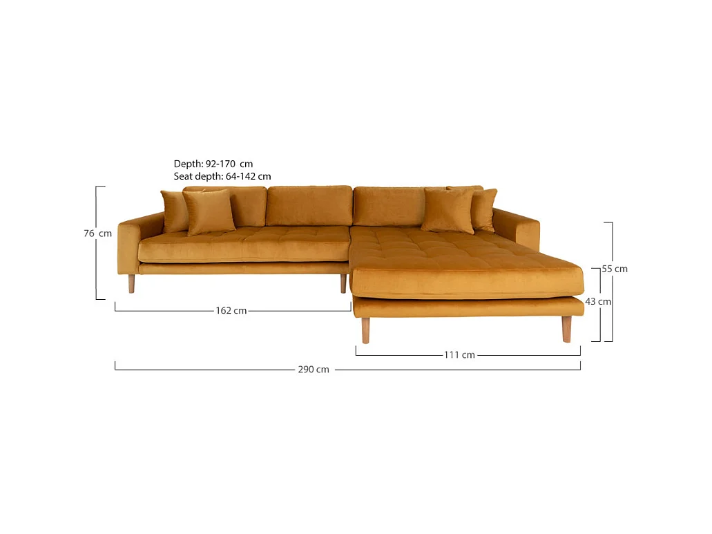 Lido Sofa , Chaiselongsofa rechts gewendet Velour senf gelb.