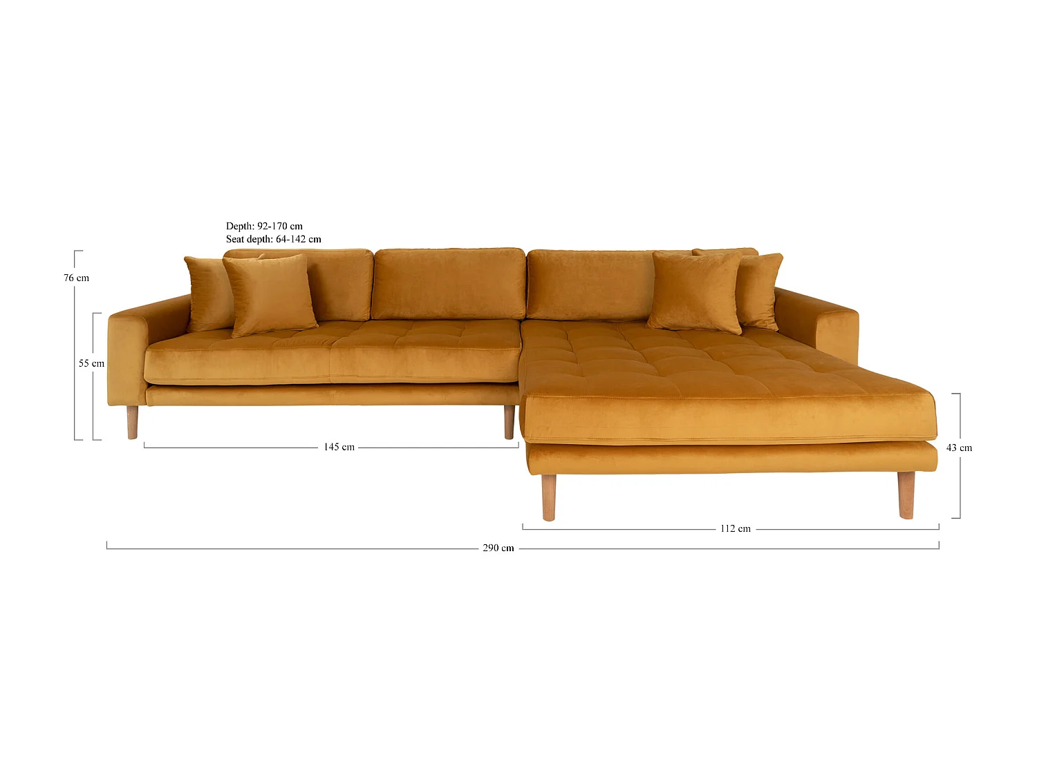 Lido Sofa, Canapé, Chaise longue orientée à droite en velours, moutarde jaune.