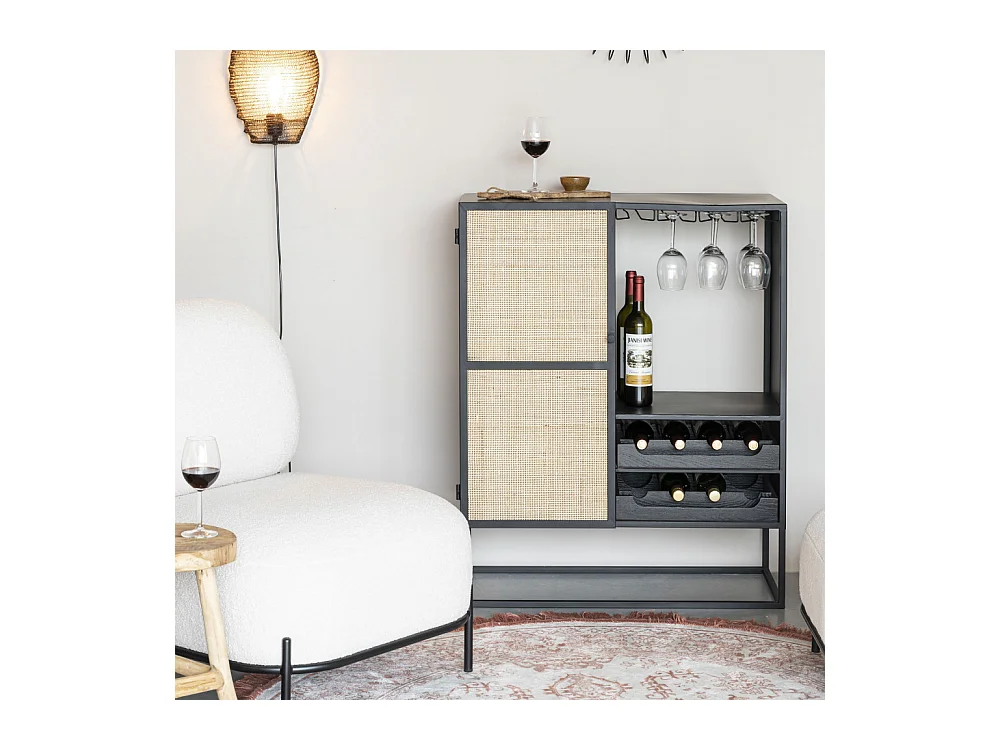 Guuji - Armoire à vin en bois et cannage H100cm - Couleur - Naturel / noir