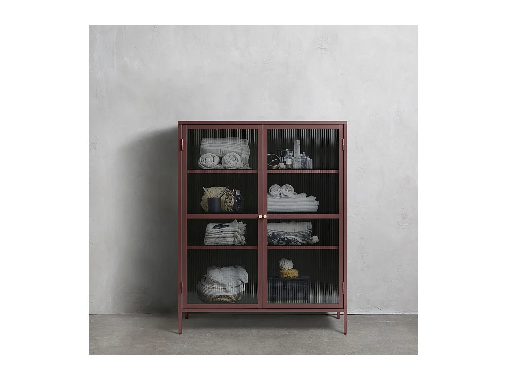 Bjorn - Vaisselier 2 portes en verre strié et métal H140cm - Bordeaux