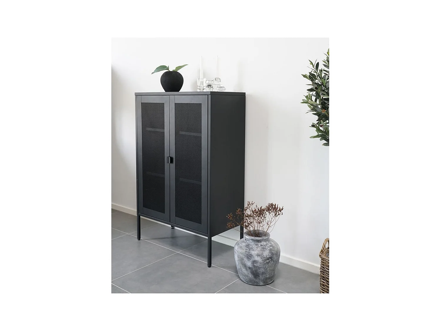 Melbourne Vitrinenschrank mit Drahtgittertüren, schwarz.
