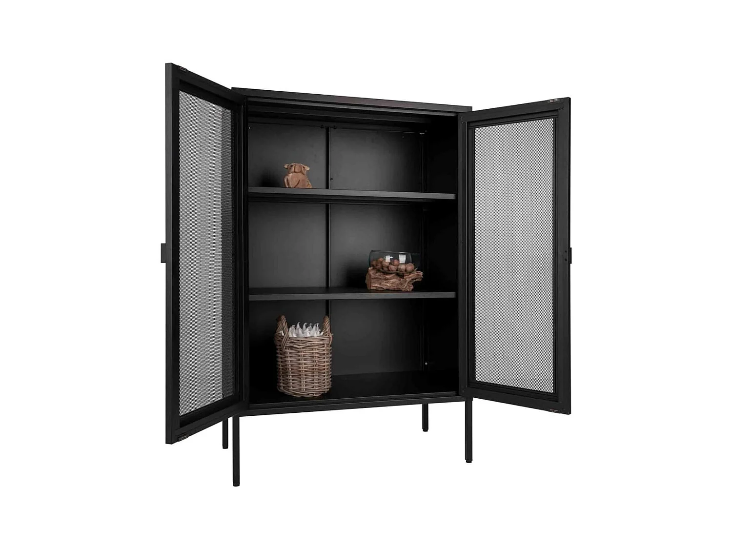 Melbourne Vitrinenschrank mit Drahtgittertüren, schwarz.