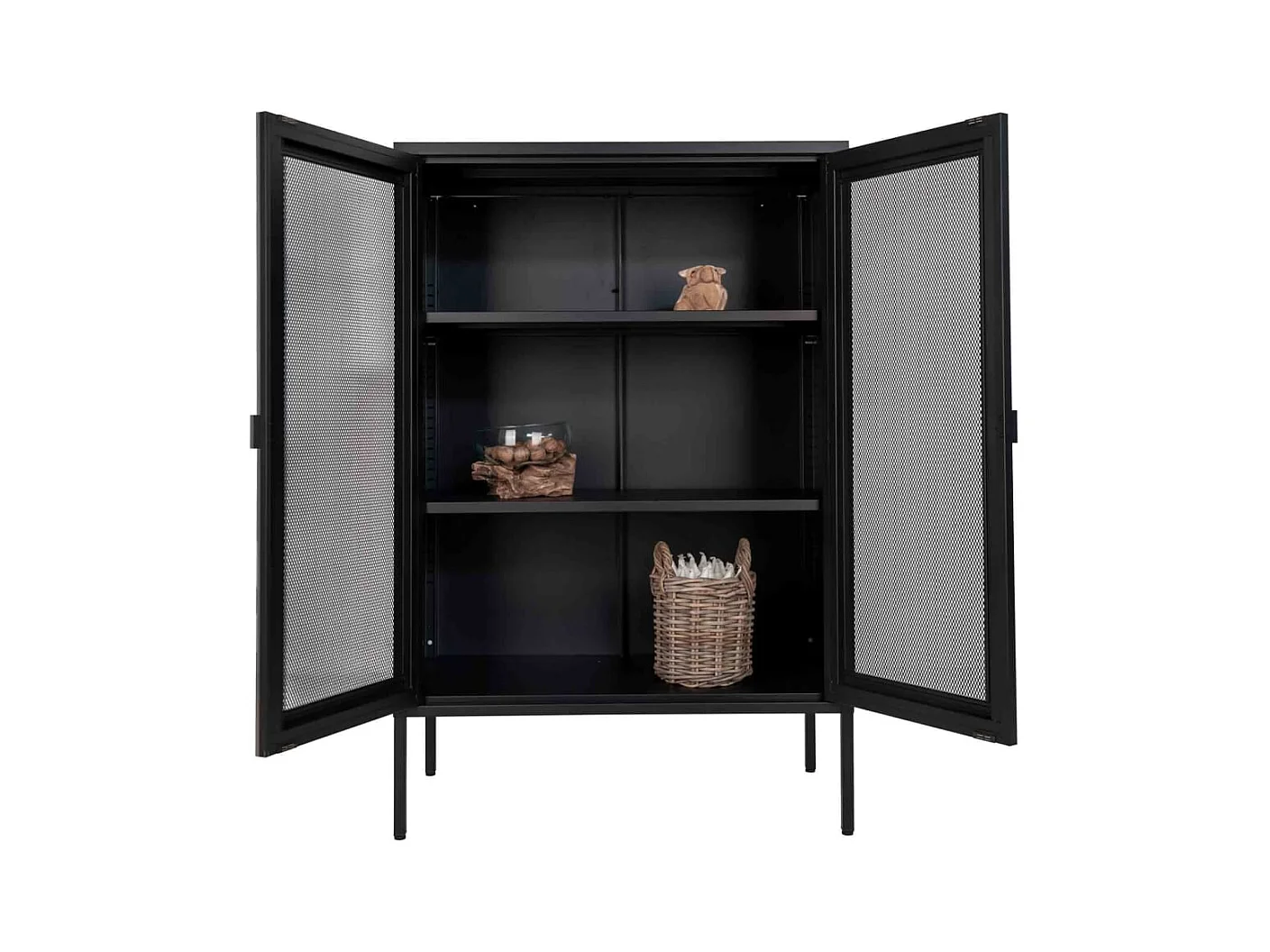 Melbourne Vitrinenschrank mit Drahtgittertüren, schwarz.