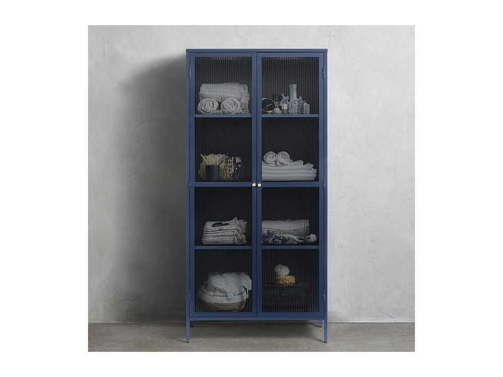 Bjorn - Vaisselier 2 portes en verre stié et métal H190cm - Bleu