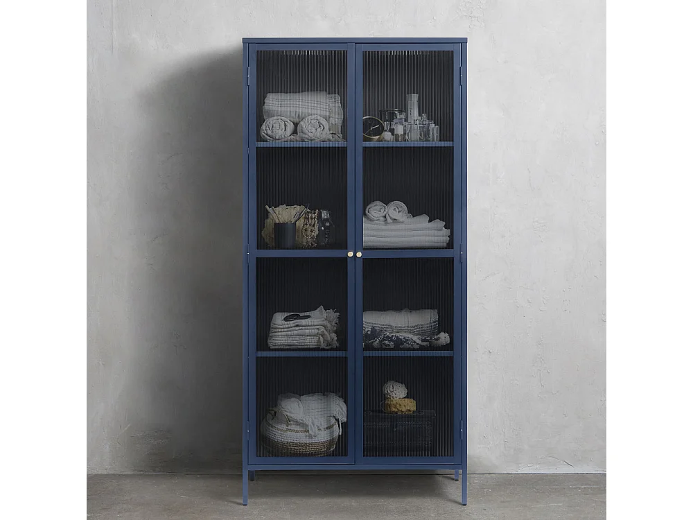 Bjorn - Vaisselier 2 portes en verre stié et métal H190cm - Bleu