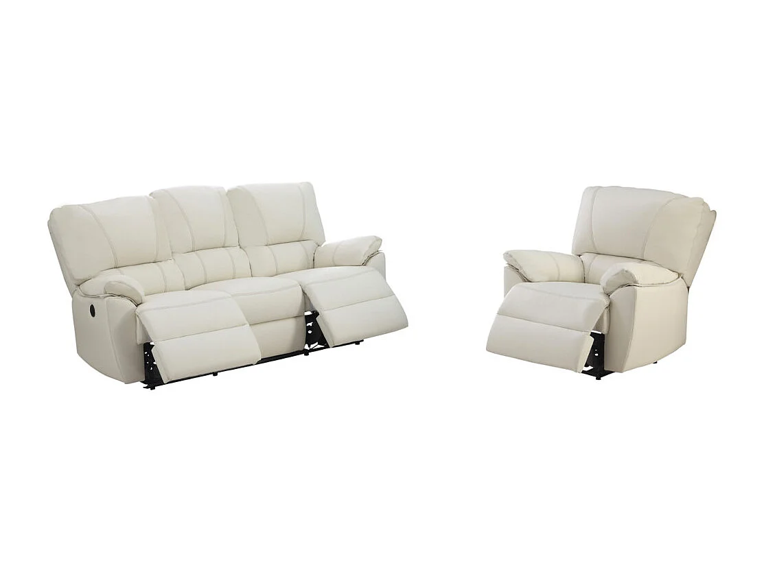 Canapé 3 places et un fauteuil relax électrique en cuir MARCIS - Ivoire