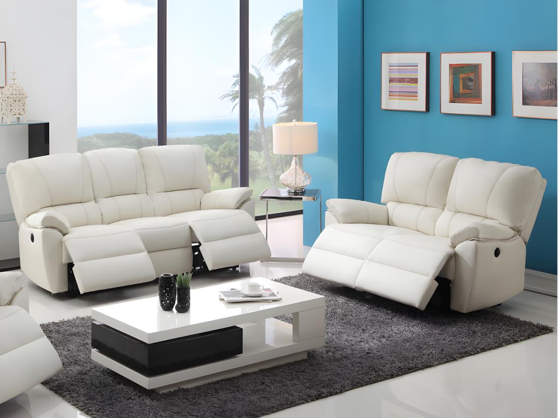 vente unique Canapés 3 places et 2 places relax électrique en cuir MARCIS - Ivoire