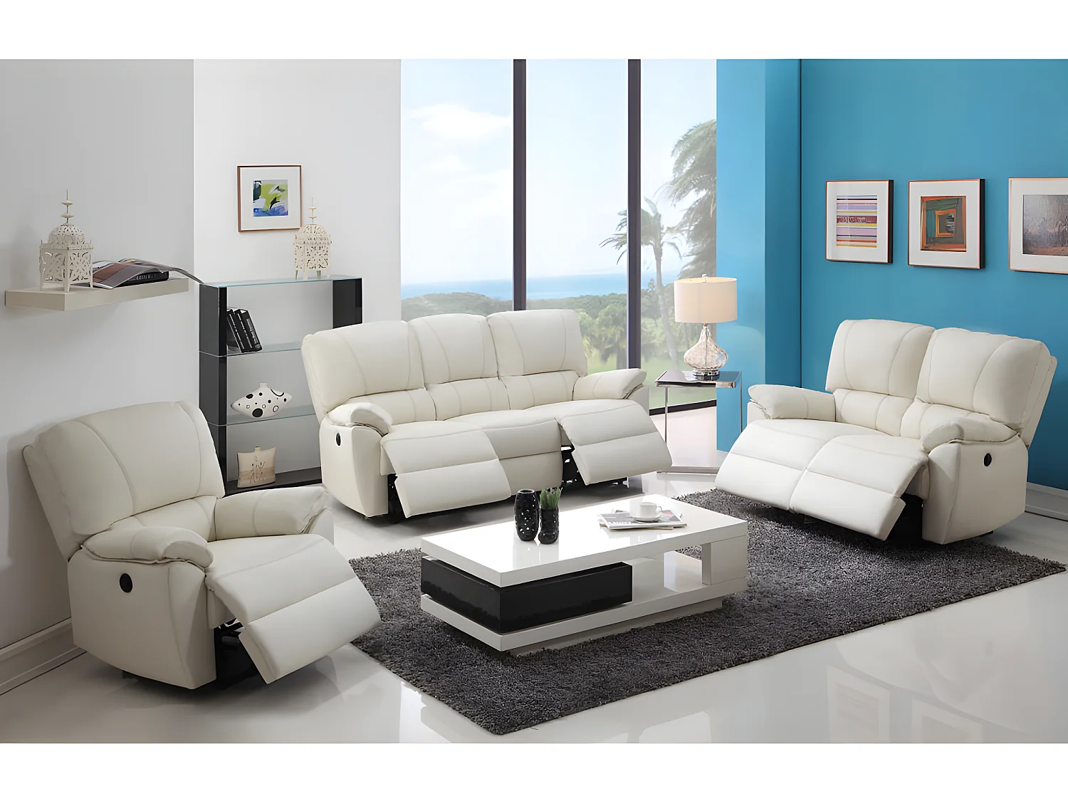 Relaxsofa 3-Sitzer & 2-Sitzer und Sessel elektrisch - Leder - Elfenbeinfarben - MARCIS