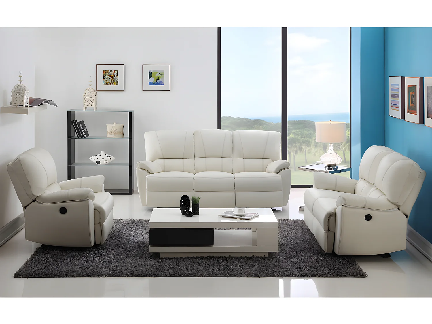 Relaxsofa 3-Sitzer & 2-Sitzer und Sessel elektrisch - Leder - Elfenbeinfarben - MARCIS