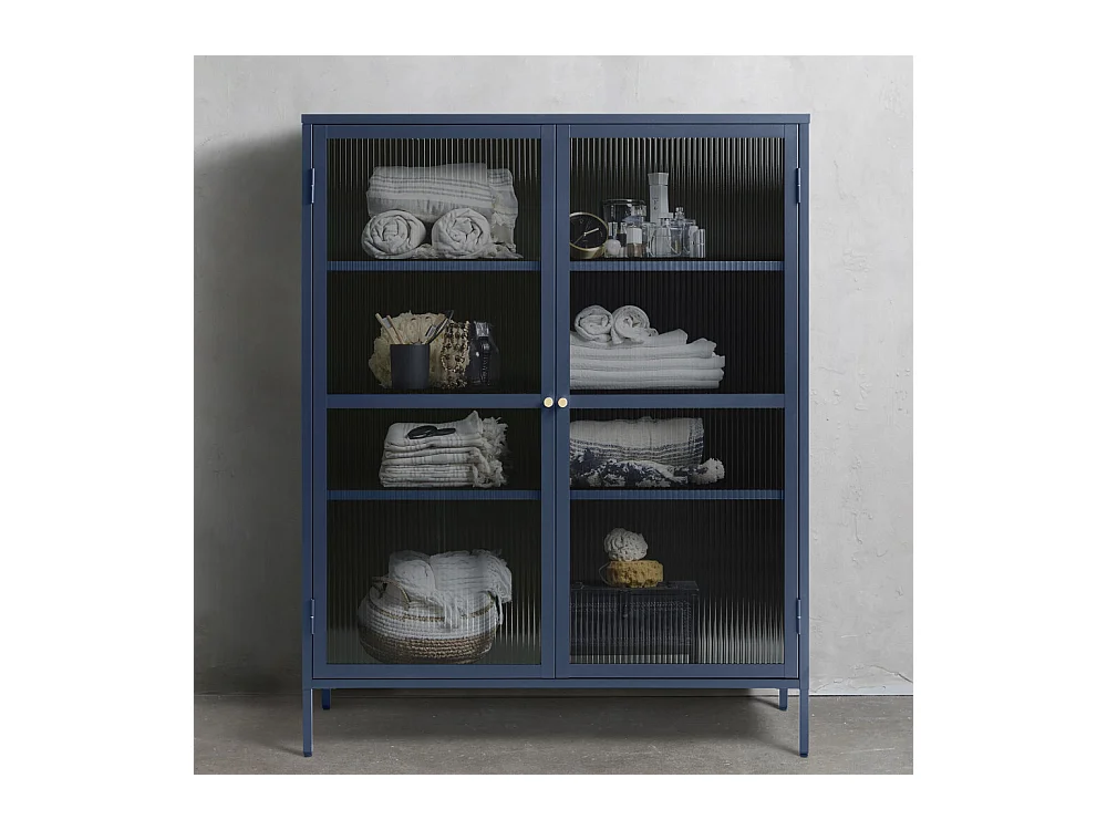 Bjorn - Vaisselier 2 portes en verre strié et métal H140cm - Bleu