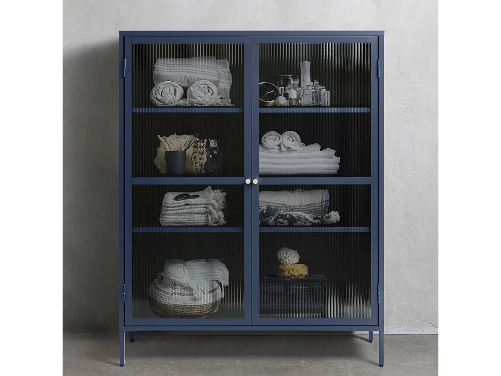 Bjorn - Vaisselier 2 portes en verre strié et métal H140cm - Bleu