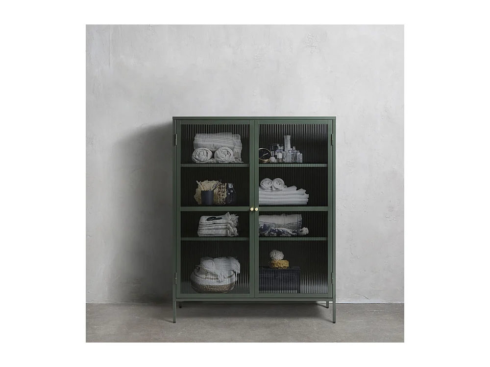 Bjorn - Vaisselier 2 portes en verre strié et métal H140cm - Vert foncé