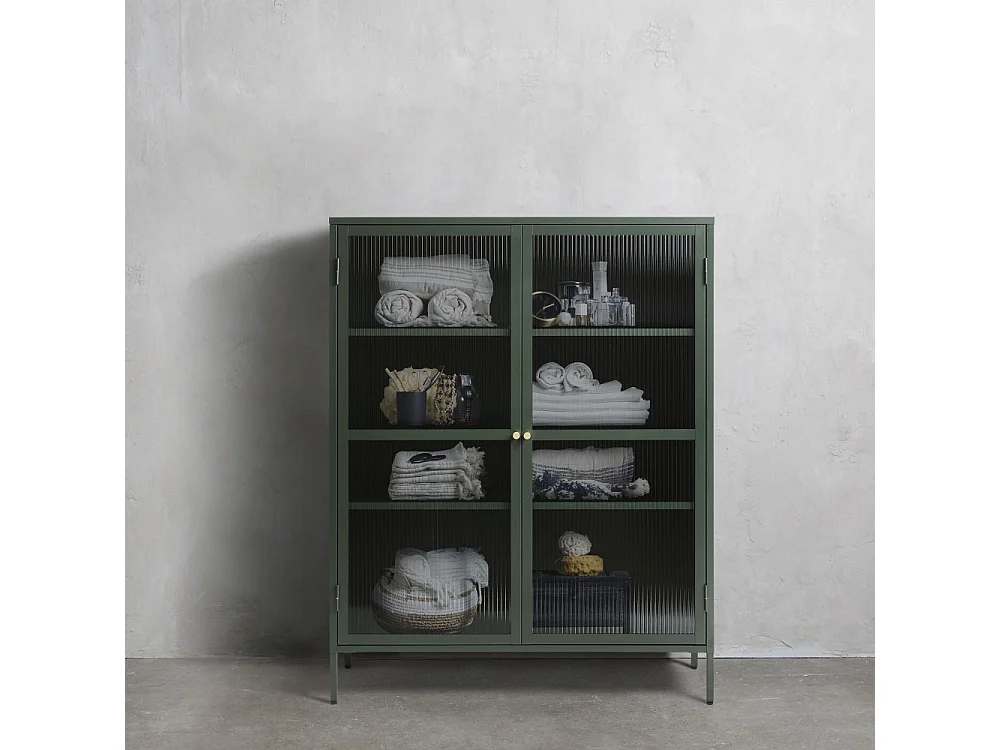Bjorn - Vaisselier 2 portes en verre strié et métal H140cm - Vert foncé