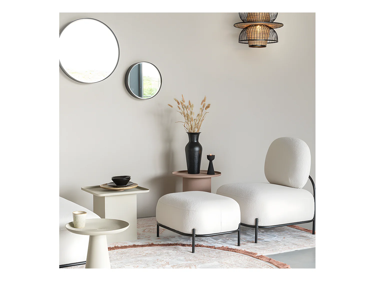 Polly  - Repose-pieds en tissu bouclette - Blanc ivoire