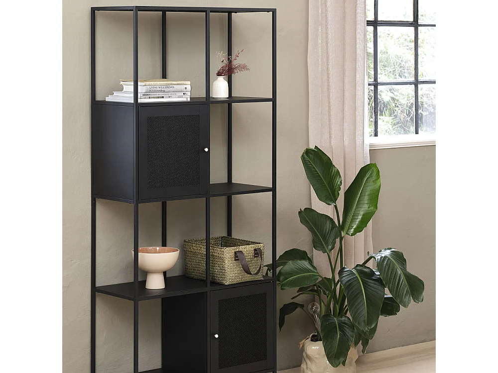 Abel - Bibliothèque 2 portes, 6 niches en métal H180cm - Noir