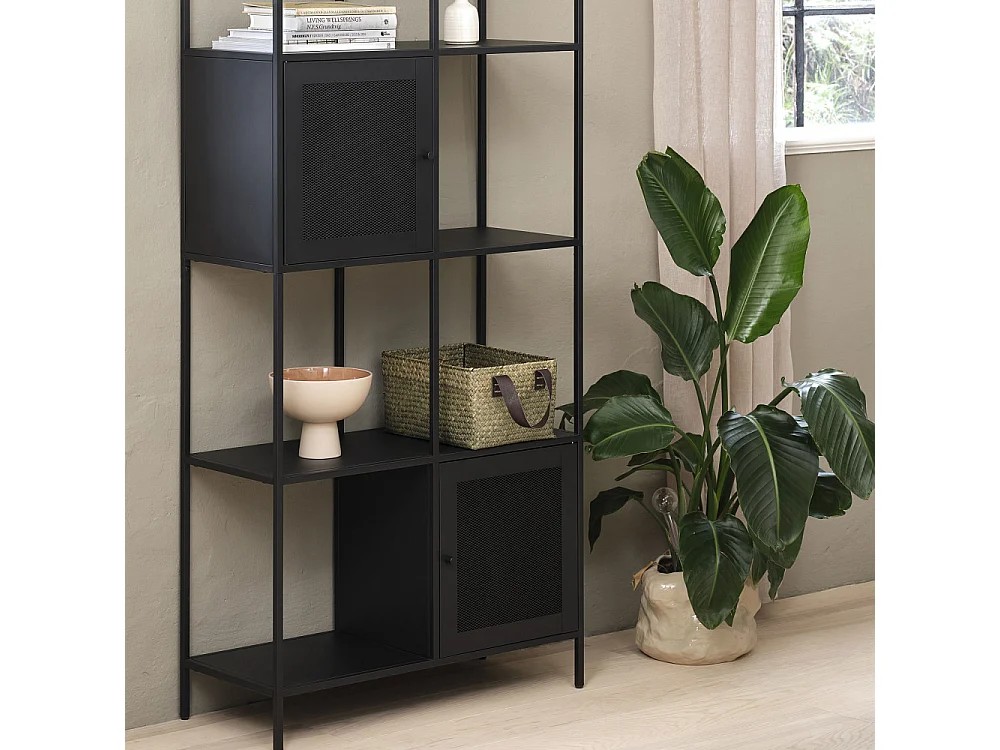 Abel - Bibliothèque 2 portes, 6 niches en métal H180cm - Noir