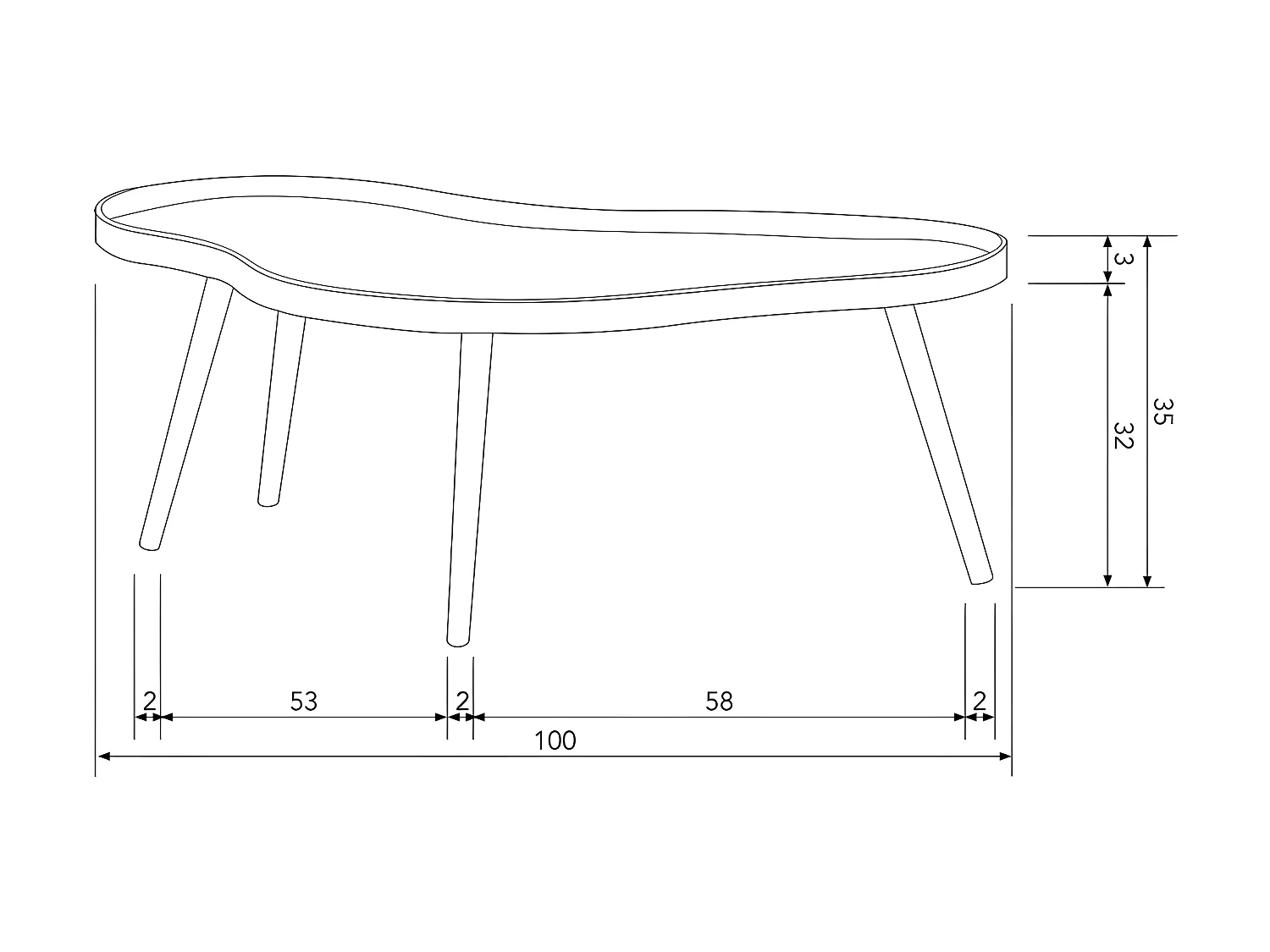 Mae - Table basse de forme organique en bois 100x35cm - Bois