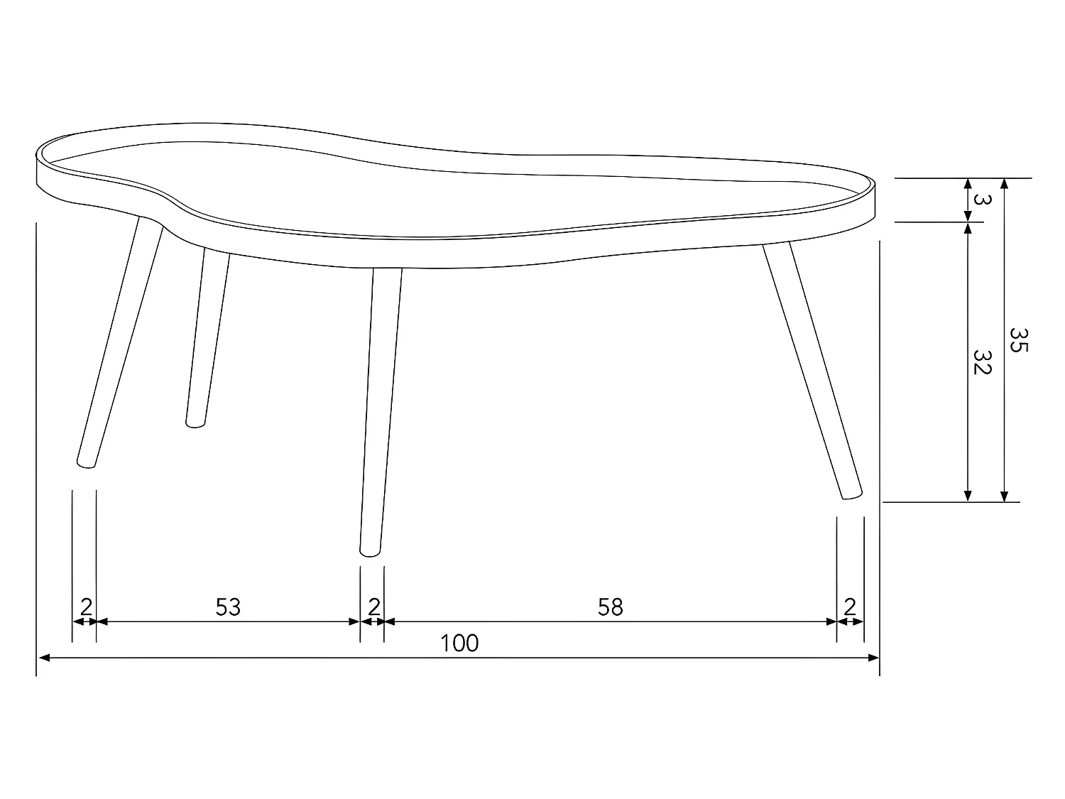 Mae - Table basse de forme organique en bois 100x35cm - Bois
