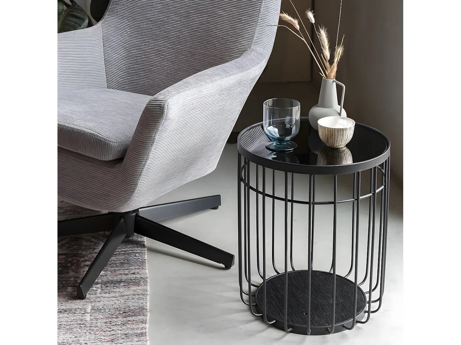 Lance - Table d'appoint ronde en verre et métal ø35cm - Noir