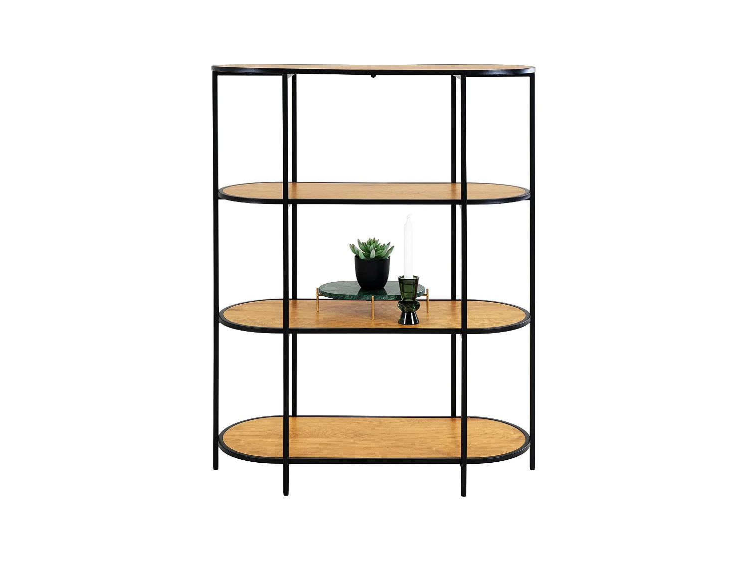 Scaffale di aspetto in quercia ovale con 4 pavimenti con cornice nera 85 x 36 x 111 cm
