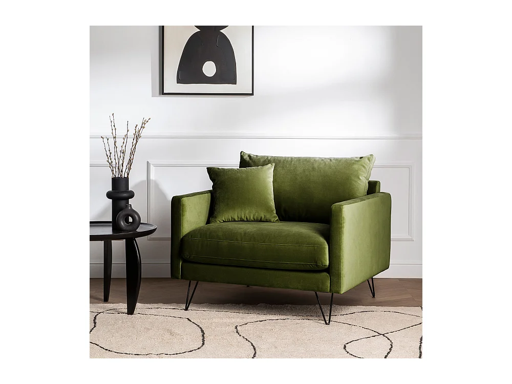 Villabon - Fauteuil XL en velours pieds épingles noirs - Vert olive