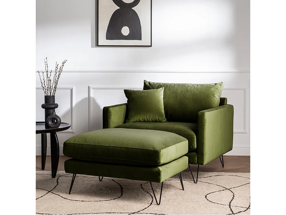 Villabon - Fauteuil XL en velours pieds épingles noirs - Vert olive