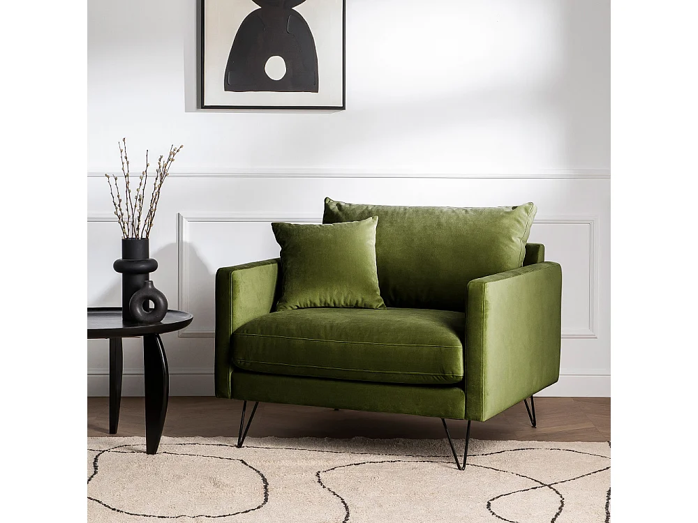 Villabon - Fauteuil XL en velours pieds épingles noirs - Vert olive
