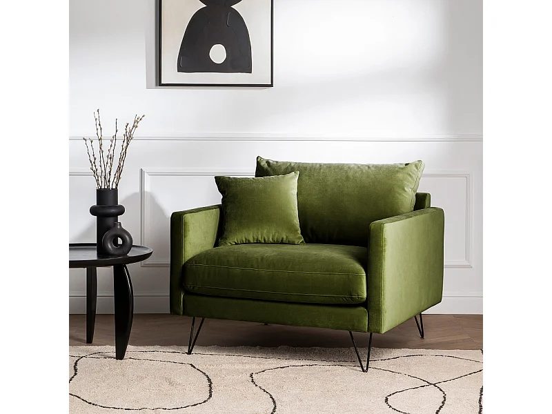 Villabon - Fauteuil XL en velours pieds épingles noirs - Vert olive