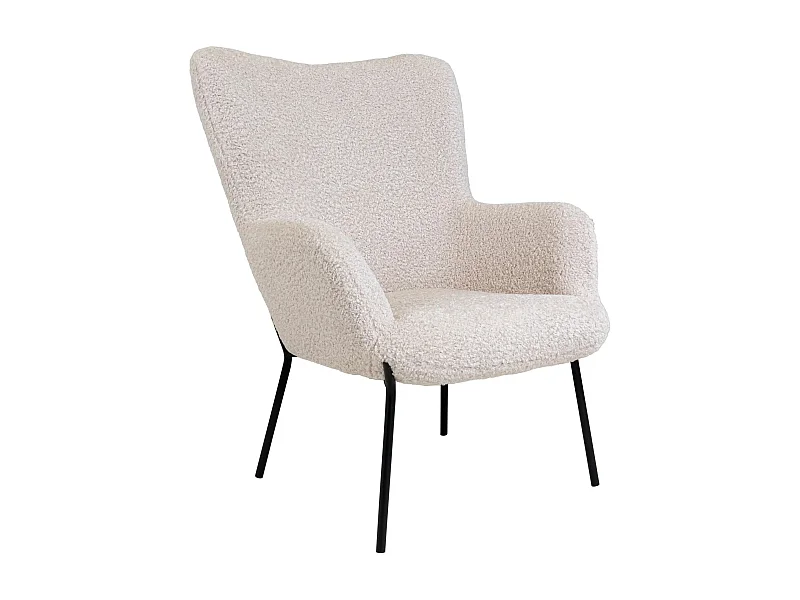 Fauteuil lounge GLASGOW – Tissu bouclette blanc & piétement en métal noir
