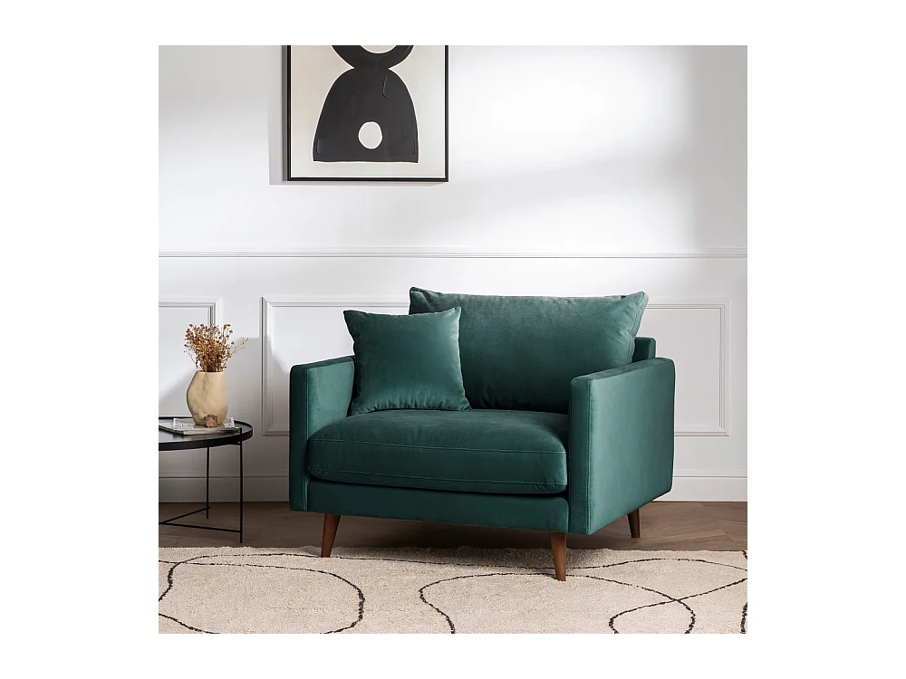 Villabon - Fauteuil XL en velours pieds bois foncé - Vert eucalyptus