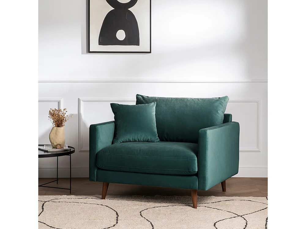 Villabon - Fauteuil XL en velours pieds bois foncé - Vert eucalyptus