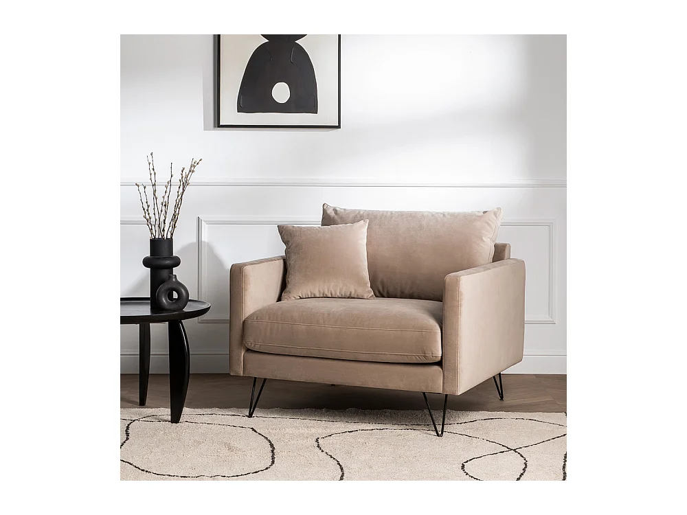 Villabon - Fauteuil XL en velours pieds épingles noirs - Beige