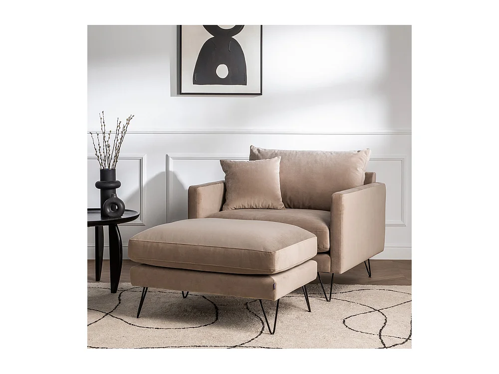 Villabon - Fauteuil XL en velours pieds épingles noirs - Beige