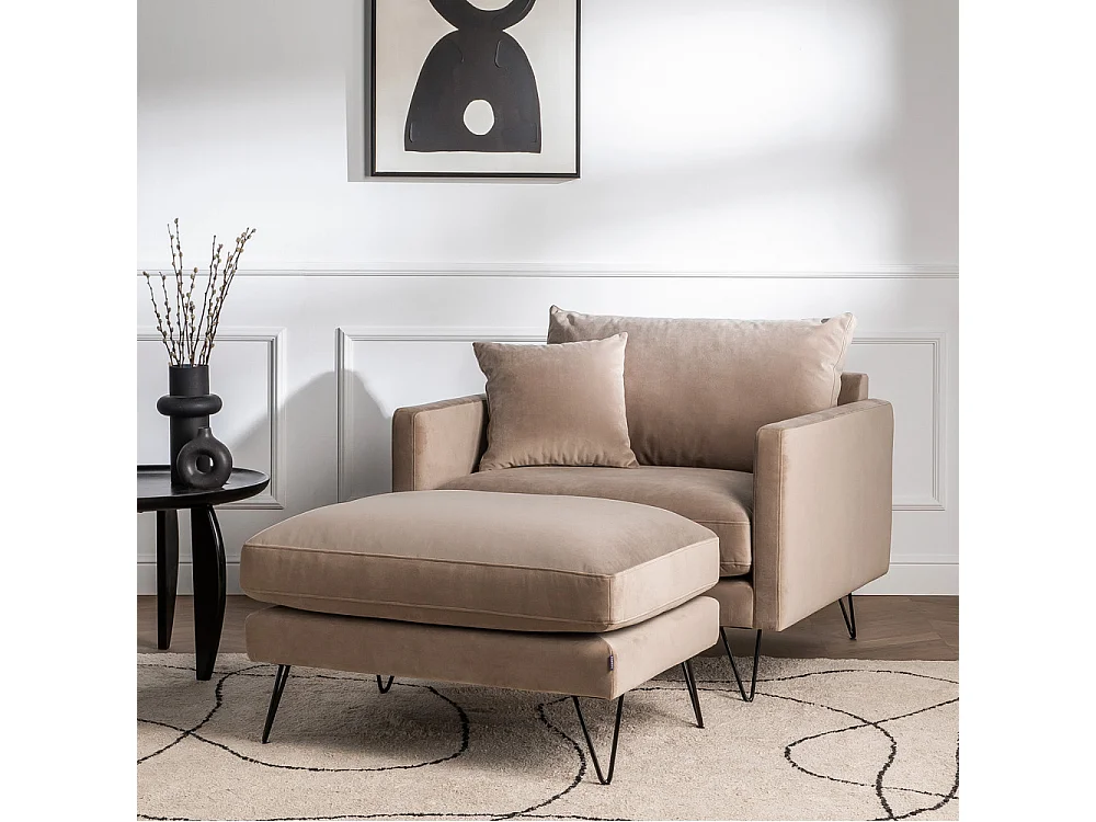 Villabon - Fauteuil XL en velours pieds épingles noirs - Beige