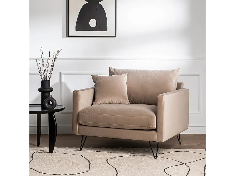 Villabon - Fauteuil XL en velours pieds épingles noirs - Beige