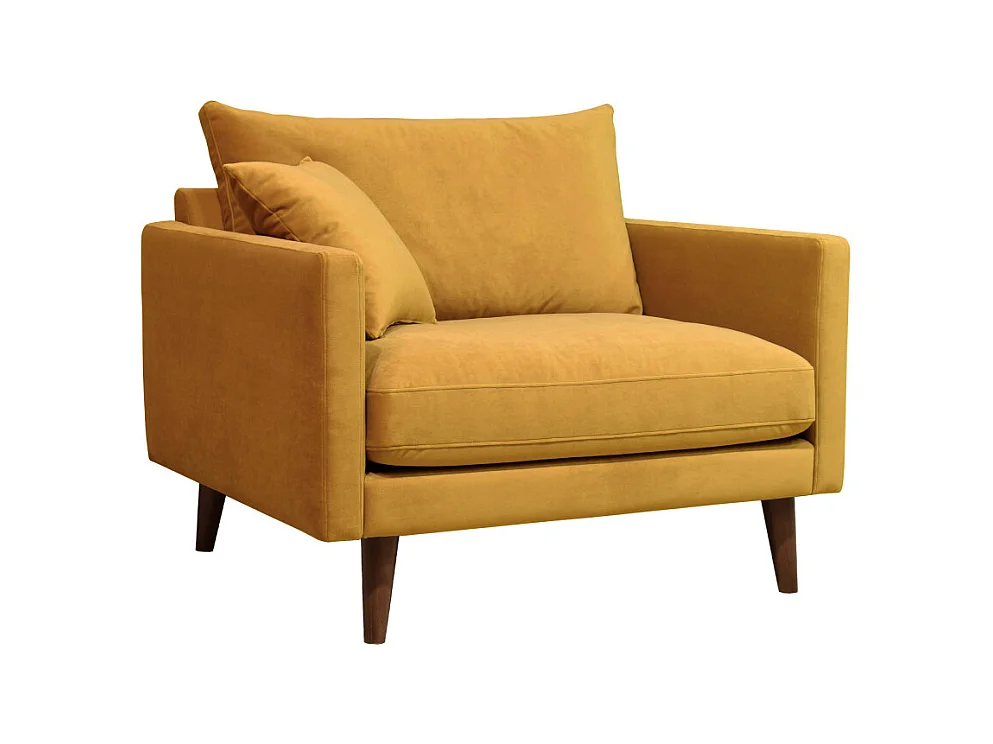 Villabon - Fauteuil XL en velours pieds bois foncé - Jaune moutarde