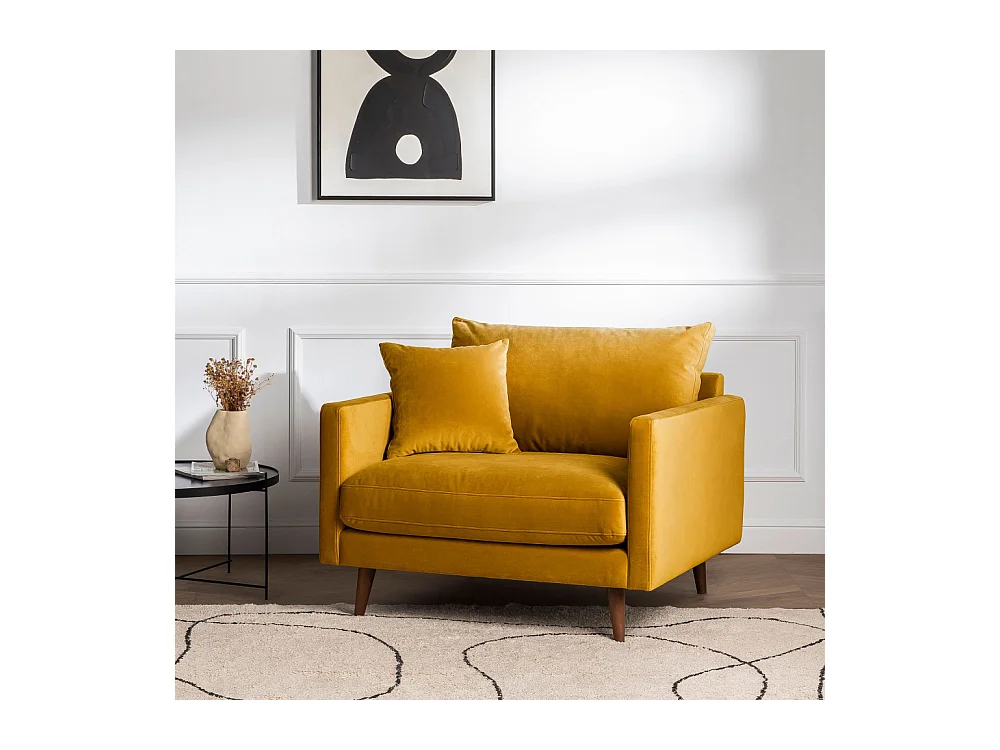 Villabon - Fauteuil XL en velours pieds bois foncé - Jaune moutarde