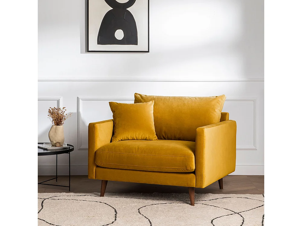 Villabon - Fauteuil XL en velours pieds bois foncé - Jaune moutarde