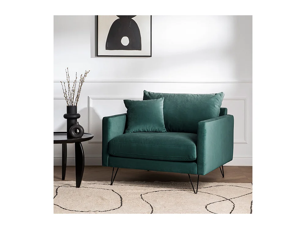 Villabon - Fauteuil XL en velours pieds épingles noirs - Vert eucalyptus
