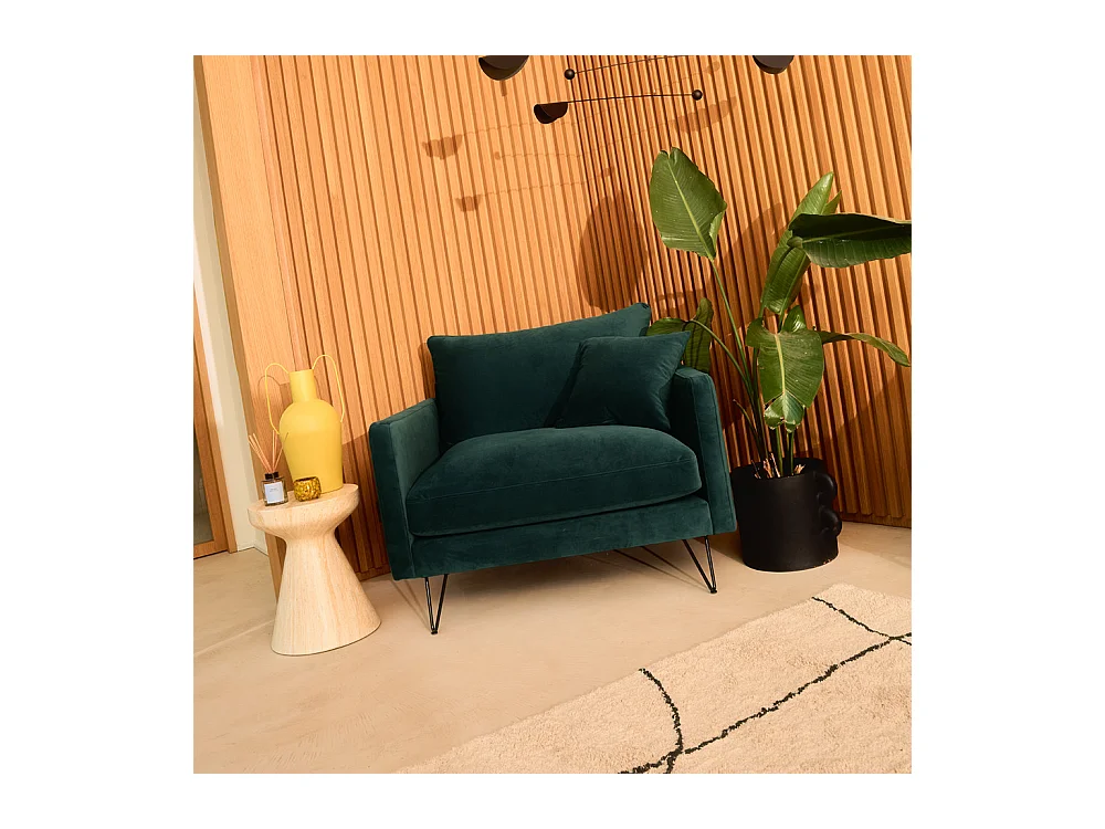 Villabon - Fauteuil XL en velours pieds épingles noirs - Vert eucalyptus