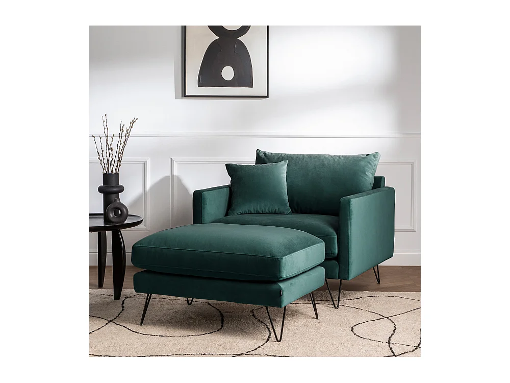 Villabon - Fauteuil XL en velours pieds épingles noirs - Vert eucalyptus