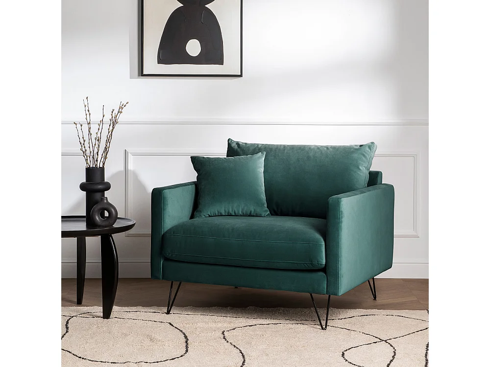 Villabon - Fauteuil XL en velours pieds épingles noirs - Vert eucalyptus