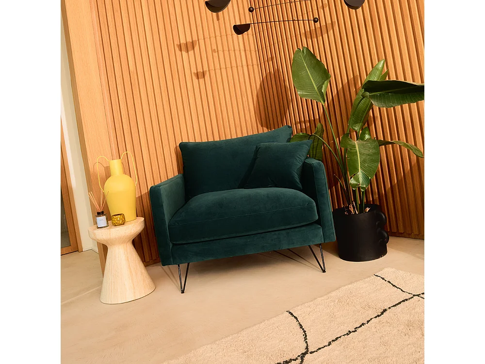 Villabon - Fauteuil XL en velours pieds épingles noirs - Vert eucalyptus